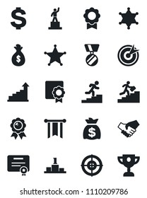 Set of vector isolated black icon - growth statistic vector, dollar sign, pedestal, medal, money bag, sertificate, target, career ladder, police, handshake, pennon, certificate, award cup