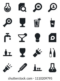 Set of vector isolated black icon - bulb vector, thermometer, heart diagnostic, ampoule, fragile, search cargo, torch, document, water supply, alcohol, cocktail, phyto bar, consumer, flask