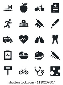 Set of vector isolated black icon - plant label vector, heart pulse, diagnosis, stethoscope, dropper, ambulance car, bike, run, lungs, caries, clipboard, diet, hospital, pool, salad, rolling pin