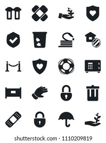 Set of vector isolated black icon - fence vector, trash bin, safe, lock, glove, hose, patch, heart shield, umbrella, estate insurance, water filter, palm sproute, crisis management