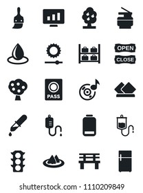 Set of vector isolated black icon - passport vector, luggage storage, statistic monitor, water drop, bench, dropper, traffic light, low battery, themes, brightness, music, copier, fruit tree, fridge