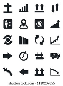 Set of vector isolated black icon - elevator vector, signpost, right arrow, left, growth statistic, crisis graph, navigation, up side sign, sorting, update, data exchange, compass, bar, moving