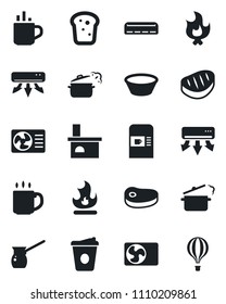 Set of vector isolated black icon - hot cup vector, coffee machine, fire, fireplace, air conditioner, bread, steak, bowl, steaming pan, turkish, balloon