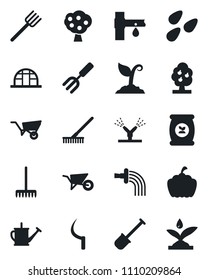 Set of vector isolated black icon - garden fork vector, shovel, farm, rake, watering can, wheelbarrow, sproute, sickle, pumpkin, greenhouse, seeds, fertilizer, drip irrigation, fruit tree