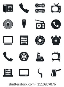 Set of vector isolated black icon - alarm clock vector, phone, abacus, stamp, sickle, plant label, vinyl, radio, tv, call, office, open close, turkish coffee