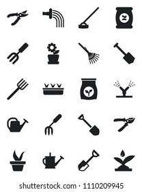 Set of vector isolated black icon - job vector, garden fork, shovel, farm, rake, seedling, watering can, pruner, hoe, fertilizer, flower in pot, irrigation