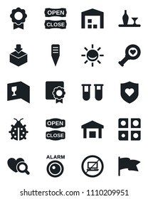 Set of vector isolated black icon - no laptop vector, lady bug, plant label, blood test vial, heart diagnostic, shield, warehouse, package, application, sertificate, alcohol, wine card, open close