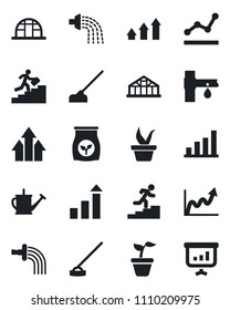 Set of vector isolated black icon - growth statistic vector, seedling, watering can, hoe, greenhouse, fertilizer, drip irrigation, bar graph, point, career ladder, arrow up, presentation