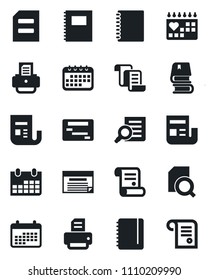 Set of vector isolated black icon - contract vector, document search, notepad, calendar, printer, medical, news, copybook, book, schedule