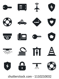 Set of vector isolated black icon - plane radar vector, security gate, smoking place, alarm car, border cone, safe, hose, heart shield, protect, key, lock, intercome, home, surveillance, sprinkler