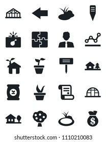 Set of vector isolated black icon - bomb in case vector, left arrow, contract, seedling, plant label, greenhouse, pond, fertilizer, application, point graph, house with tree, fruit, estate agent