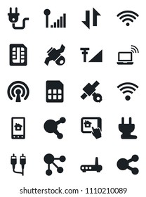 Set of vector isolated black icon - wireless notebook vector, satellite, share, rca, sim, data exchange, cellular signal, power plug, router, home control app, social media