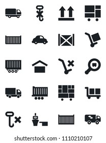 Set of vector isolated black icon - truck trailer vector, cargo container, car delivery, sea port, consolidated, warehouse storage, up side sign, no trolley, hook, search, moving