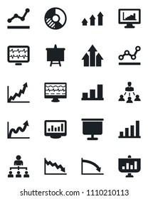 Set of vector isolated black icon - hierarchy vector, presentation board, circle chart, monitor pulse, statistics, bar graph, point, arrow up, growth, crisis