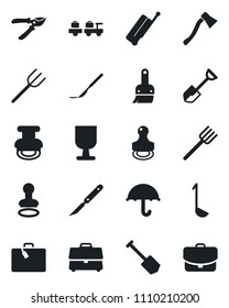 Set of vector isolated black icon - suitcase vector, stamp, baggage larry, job, shovel, farm fork, pruner, axe, scalpel, fragile, umbrella, themes, case, ladle