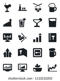 Set of vector isolated black icon - growth statistic vector, monitor, scanner, statistics, alcohol, wine card, drink, cocktail, phyto bar, beer, salad, sushi, arrow up graph