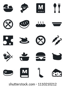 Set of vector isolated black icon - spoon and fork vector, cafe, menu, salad, waiter, bread, chicken, steak, kebab, hamburger, ladle, bowl, sushi, cheese