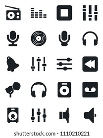 Set of vector isolated black icon - vinyl vector, microphone, radio, speaker, settings, equalizer, headphones, stop button, rewind, tuning, bell, record, sound