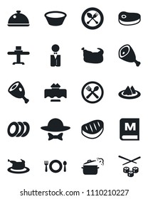 Set of vector isolated black icon - spoon and fork vector, waiter, dish, restaurant table, serviette, cafe, menu, plates, dress code, chicken, steak, ham, bowl, steaming pan, sushi