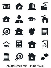 Set of vector isolated black icon - office building vector, house, real heart, contract, with garage, estate document, rent, search, agent, smart home, city, eco, message