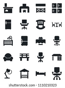 Set of vector isolated black icon - cafe vector, bed, checkroom, office chair, desk, bench, fireplace, lamp, children room, cushioned furniture, restaurant table, alcove, fridge