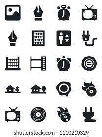 Set of vector isolated black icon - elevator vector, alarm clock, abacus, stamp, film frame, vinyl, flame disk, gallery, ink pen, house with tree, tv, power plug