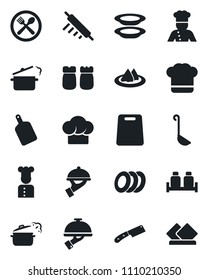 Set of vector isolated black icon - cook vector, serviette, cafe, hat, plates, waiter, salt and pepper, ladle, rolling pin, cutting board, knife, steaming pan