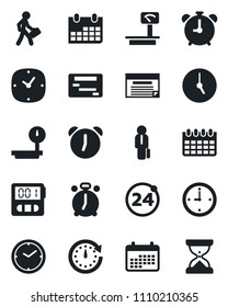 Set of vector isolated black icon - 24 around vector, alarm clock, calendar, heavy scales, stopwatch, manager, schedule, sand