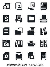 Set of vector isolated black icon - office binder vector, document search, receipt, folder, photo gallery, paper, tray, archive box