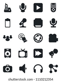 Set of vector isolated black icon - camera vector, microphone, tv, video, remote control, network, touch screen, headphones, radio phone, speaker, group, battery, play button, fast forward, hdmi