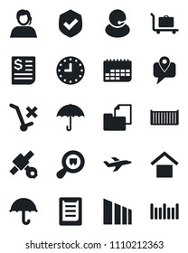 Set of vector isolated black icon - baggage trolley vector, plane, satellite, support, mobile tracking, cargo container, clock, term, receipt, clipboard, folder document, umbrella, warehouse storage