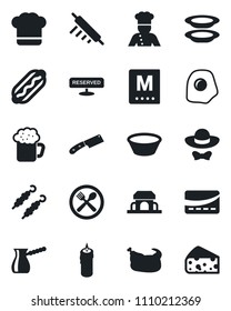 Set of vector isolated black icon - cook vector, cafe, hat, menu, reserved, beer, plates, building, candle, dress code, credit card, chicken, kebab, hot dog, bowl, rolling pin, knife, turkish coffee