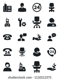 Set of vector isolated black icon - 24 around vector, office chair, phone, hours, support, speaker, radio, root setup, palm sproute
