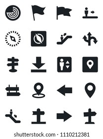 Set of vector isolated black icon - elevator vector, escalator, signpost, right arrow, left, radar, route, pin, download, place tag, compass, flag, guidepost