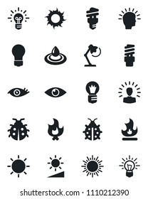 Set of vector isolated black icon - sun vector, bulb, lady bug, fire, eye, brightness, desk lamp, water, energy saving, shining head, idea