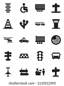Set of vector isolated black icon - airport tower vector, plane radar, taxi, bus, passport control, signpost, alarm car, border cone, helicopter, disabled, route, traffic light, truck trailer