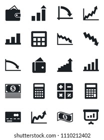 Set of vector isolated black icon - credit card vector, growth statistic, calculator, crisis graph, bar, wallet, cash, presentation