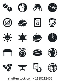Set of vector isolated black icon - no laptop vector, globe, document reload, pills, diet, earth, pie graph, table, police, alarm led