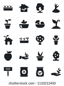 Set of vector isolated black icon - flower in pot vector, seedling, tree, sproute, plant label, fertilizer, fruit, salad, apple, eco house, palm