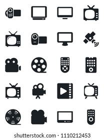 Set of vector isolated black icon - reel vector, satellite, tv, video camera, remote control, monitor