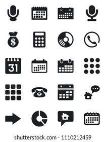 Set of vector isolated black icon - right arrow vector, calendar, circle chart, microphone, menu, calculator, phone, home message, money bag