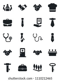 Set of vector isolated black icon - medical room vector, handshake, team, tie, document, stethoscope, meeting, cook hat, case