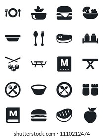 Set of vector isolated black icon - spoon and fork vector, picnic table, cafe, menu, salad, salt pepper, steak, hamburger, bowl, sushi, apple fruit