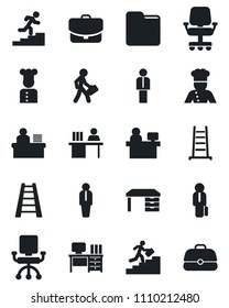Set of vector isolated black icon - manager vector, desk, place, ladder, folder, career, cook, office chair, case