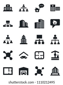 Set of vector isolated black icon - hierarchy vector, well, molecule, hospital, office building, garage, plan, home message