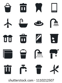 Set of vector isolated black icon - trash bin vector, shower, bucket, tooth, mobile, blank box, water supply, bathroom, serviette, filter, windmill