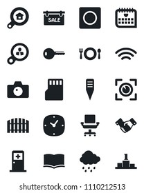 Set of vector isolated black icon - camera vector, medical room, handshake, book, rain, plant label, calendar, clock, record, sd, wireless, office chair, fence, sale, estate search, key, cafe