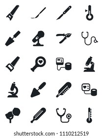Set of vector isolated black icon - trowel vector, pruner, saw, stethoscope, blood pressure, thermometer, heart diagnostic, microscope, scalpel, microphone