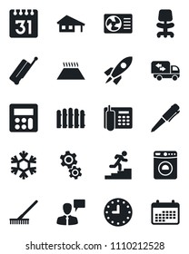 Set of vector isolated black icon - suitcase vector, washer, speaking man, office chair, pen, fence, rake, clock, calculator, calendar, phone, career ladder, house with garage, moving, snowflake