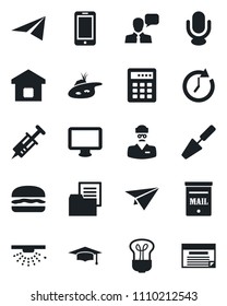 Set of vector isolated black icon - mobile phone vector, graduate, trowel, syringe, doctor, folder document, microphone, speaker, monitor, pond, mailbox, smart home, hamburger, bulb, sprinkler